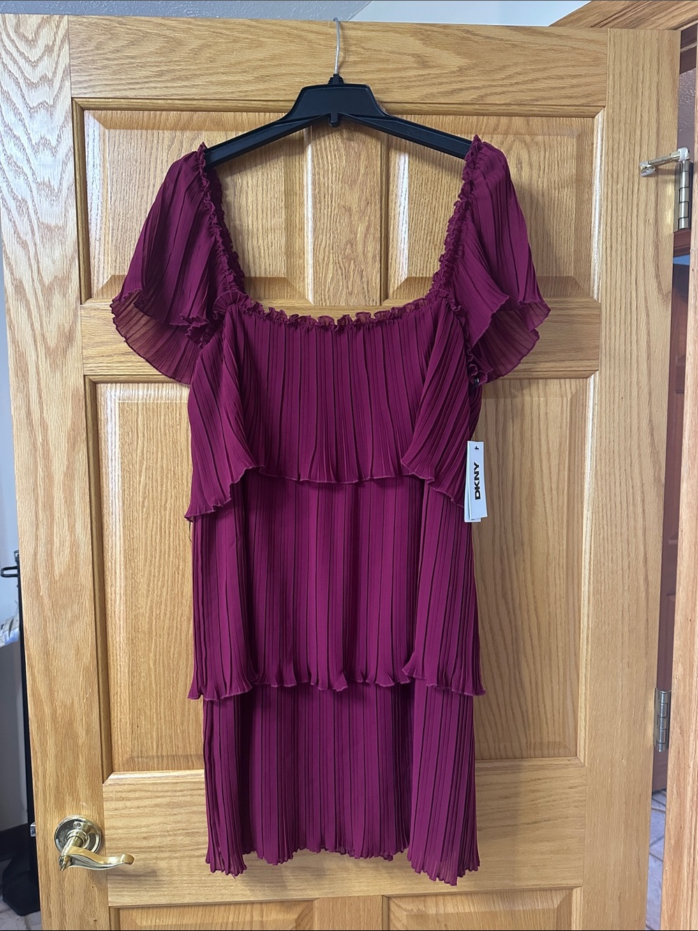 DKNY Plum Pleated Tiered Midi Dress